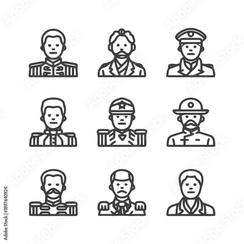 Collection of military and civilian portraits in line art style.