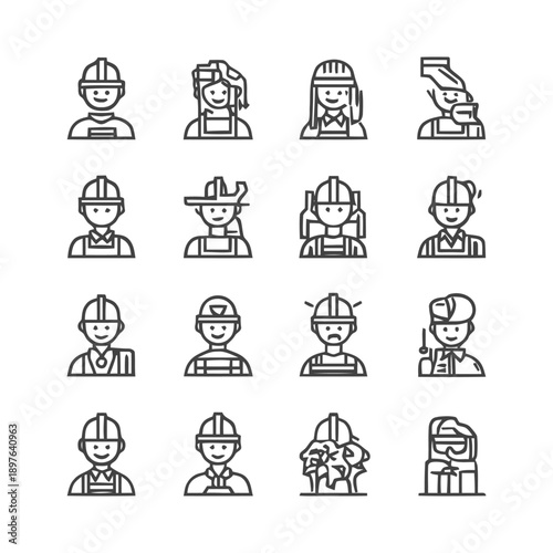Construction Workers: Diverse Line Art Icon Set.