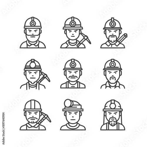 Diverse Line Art Miner Portraits Depicting Various Expressions and Tools.