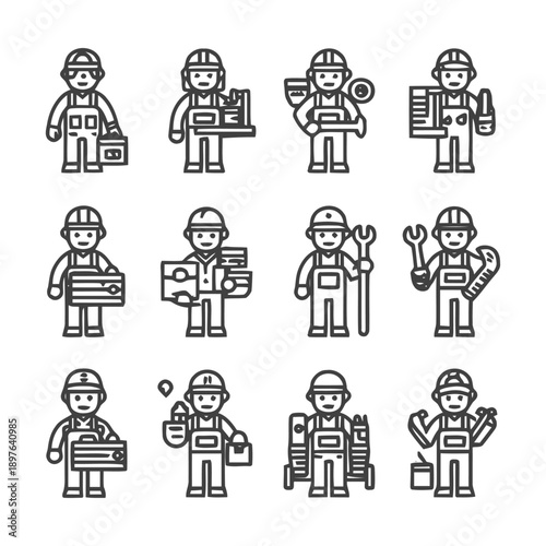 Construction workers in various poses and with different tools.