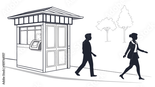 Black and white illustration of people walking past a bus stop shelter