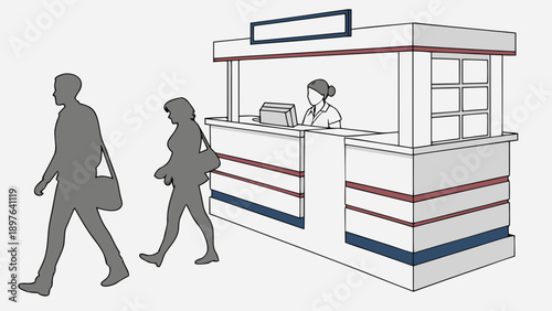 Vector illustration of people walking past a ticket booth or information desk
