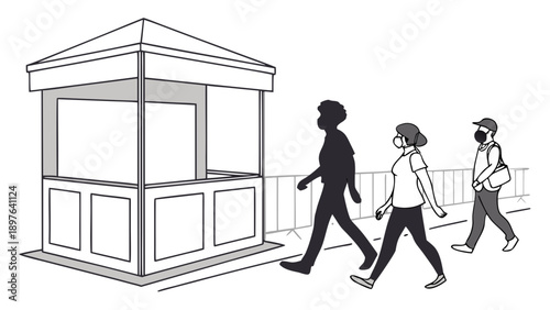 Black and white illustration of people walking past a small booth or kiosk