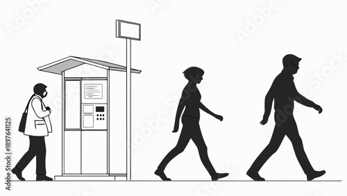 People walking near a bus stop on a city street with a sign