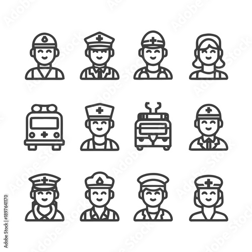 Diverse professions and transportation icons in a minimalist style.