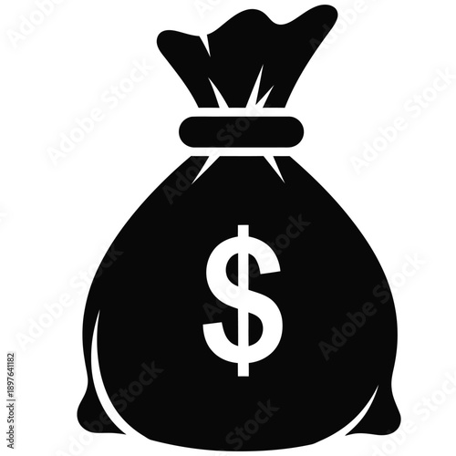 Black money bag with dollar sign icon on white background.