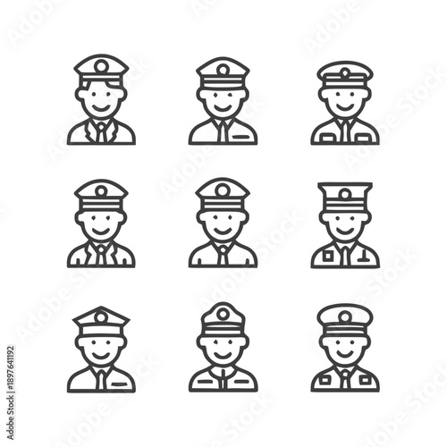 Collection of Police Officer Icons: Uniformed Portraits in Line Art Style.