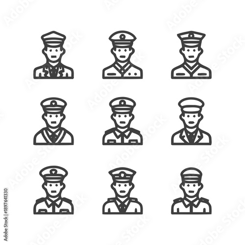 Uniformed individuals in a grid formation representing various professions and roles.