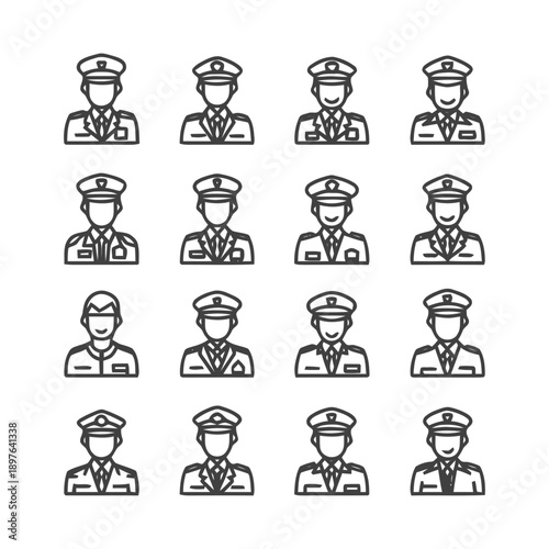 Collection of Police Officer Icons in Uniforms and Hats.
