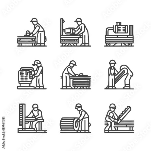Workers in the factory performing various industrial tasks.
