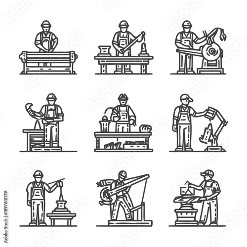 Artisan Craftsmen at Work: A Detailed Line Art Illustration.