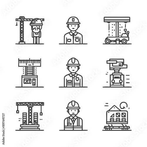 Construction Workers and Equipment: A Detailed Line Art Set.