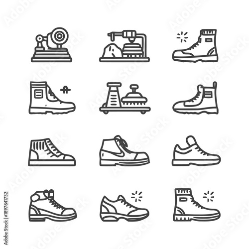 Shoe cleaning and maintenance icons set for footwear care.