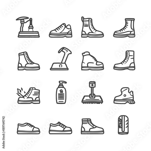 Shoe repair and footwear maintenance icons set.