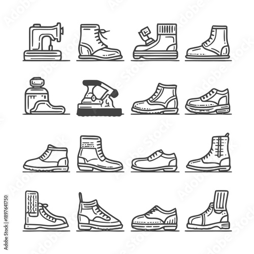 Shoe and Boot Collection: A Detailed Line Art Illustration.