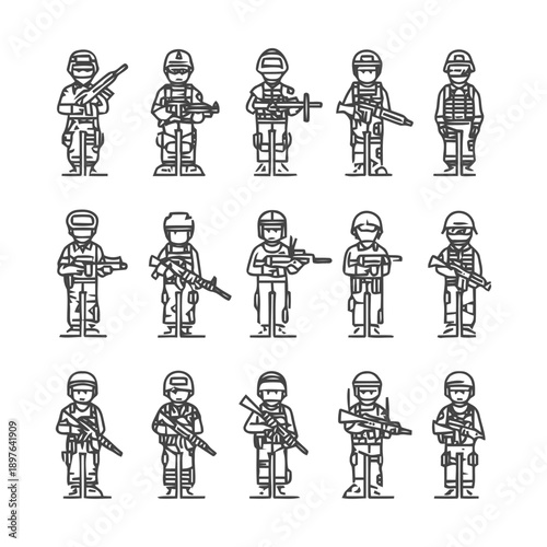 Soldiers in Uniform with Weapons: A Detailed Line Art Illustration.
