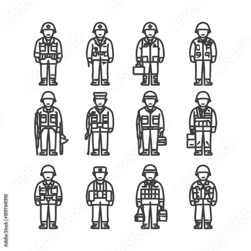 Soldier Icons: Uniformed Figures in Various Poses and Gear.