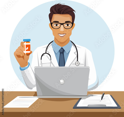 doctor working with laptop, elinde ilaç olan doktor 