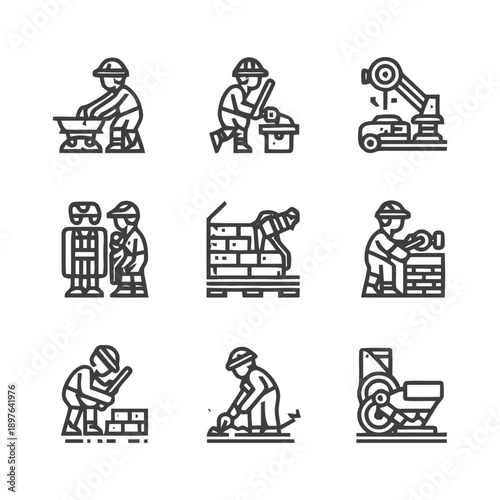 Construction workers and robots building structures in various poses.