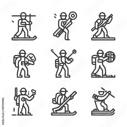 Collection of various line art illustrations of people in different activities.