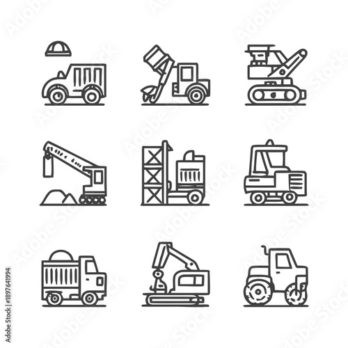 Construction Equipment Icons: A Comprehensive Collection of Vehicles.