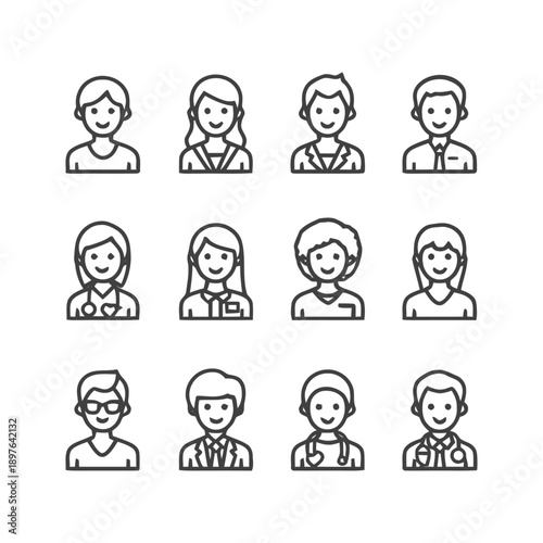 Diverse medical professionals and healthcare workers in line art style.