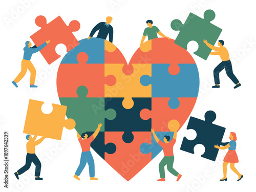 A group of diverse people working together to complete a heart-shaped puzzle