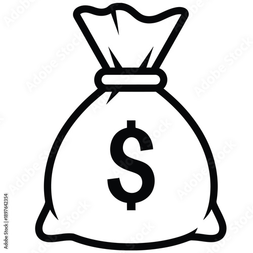 Simple black and white illustration of a money bag with dollar sign.