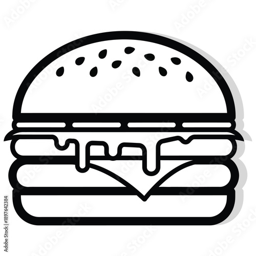 Simple black and white illustration of a hamburger with sesame seeds on a bun.