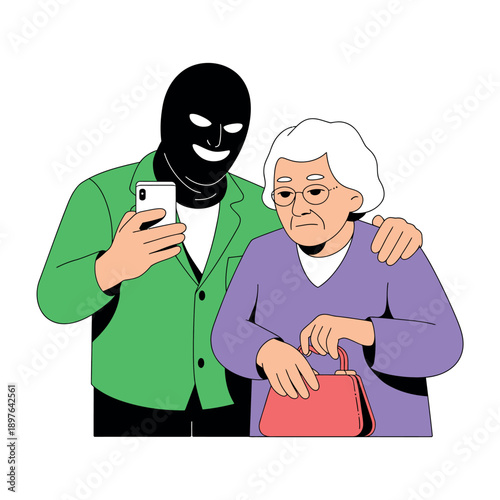 An illustration of a masked scammer using a smartphone near an elderly woman with a purse