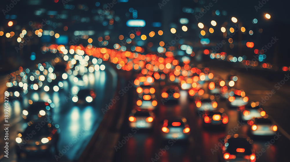 Fototapeta premium Multicolored bokeh of cars at rush hour in Milan city, urban traffic, night lights, motion blur, vibrant cityscape illustration.