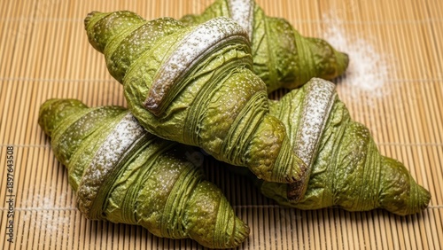 Vivid Green Matcha Croissants Dusted with Powdered Sugar