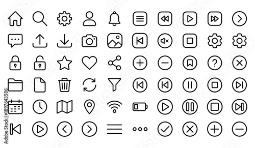 Minimal Line Interface Icons Set – UI UX Essentials Including Media, Settings, Files, Navigation, and System Symbols