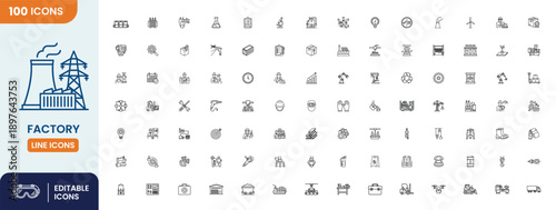 A large set of thin line icons representing factory production industry engineering and manufacturing processes 100 editable symbols