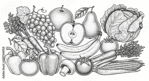 Assortment of Fresh Fruits and Vegetables Hand Drawn Sketch.