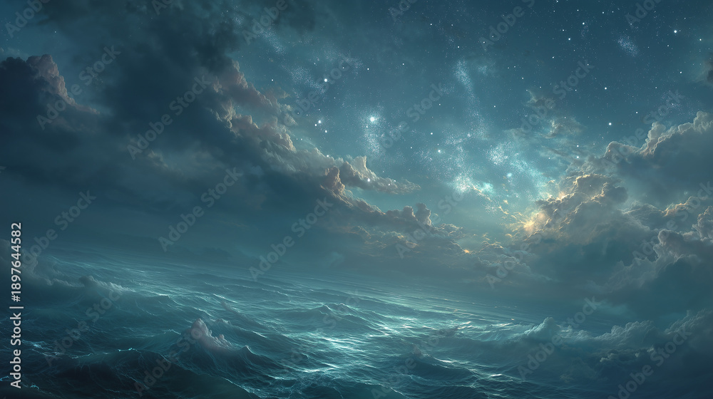 Fototapeta premium Surreal sky-ocean where fish swim among galaxies, nebulae, and drifting clouds