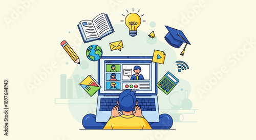 Online education concept with laptop displaying video conference and various learning icons representing knowledge and ideas