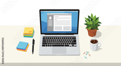 A modern and clean home office workspace setup featuring a laptop displaying a generic interface, a potted plant, and a coffee cup, emphasizing digital productivity and remote work efficiency