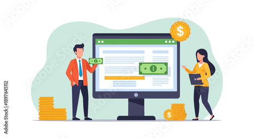 Online payment and financial transactions illustrated with people and digital currency icons