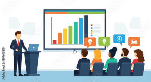 Business presentation with a colorful bar chart on screen and audience watching attentively