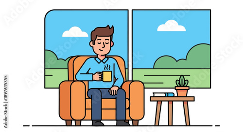 Relaxed man enjoying a warm beverage while sitting comfortably in an armchair by a window, with a book on a side table, in a serene outdoor setting