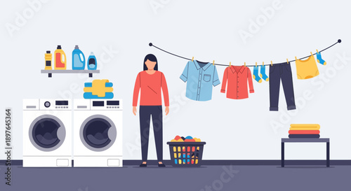 Woman doing laundry at home with washing machines, clothesline, and laundry basket