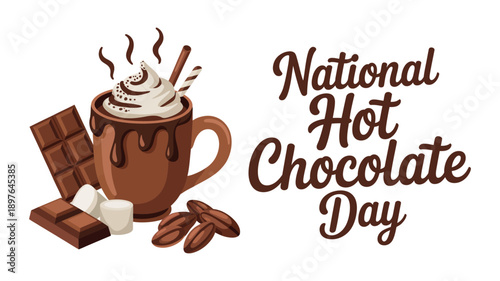 A warm and inviting illustration celebrating National Hot Chocolate Day with a rich, chocolatey drink and treats.