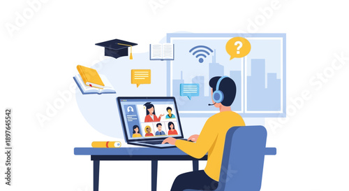 Online education and remote learning concept with a person attending a video conference class on a laptop with graduation cap and books in the background