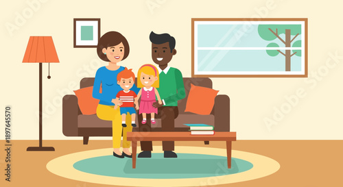 Happy multi-ethnic family enjoying quality time together on a cozy sofa in their modern living room, a heartwarming scene of domestic life and familial love