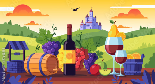 Charming vector illustration of a vineyard scene with wine, fruits, and a castle in the background, evoking a sense of rustic elegance and a joyful celebration of harvest