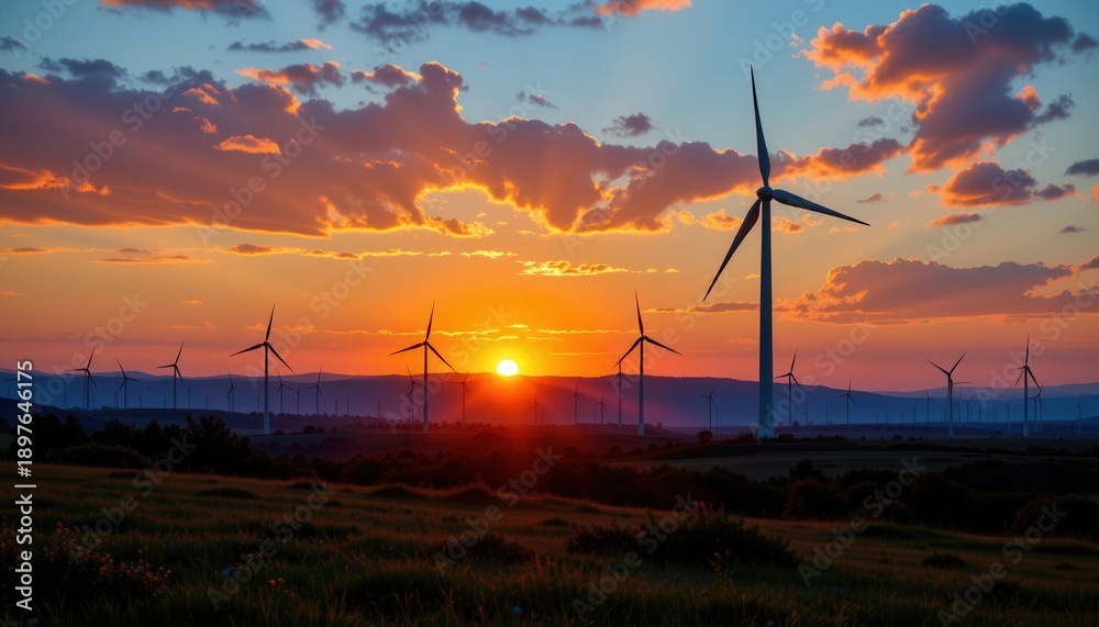 Obraz premium Breathtaking Sunset over Wind Turbines in a Scenic Rural Landscape with Vibrant Colors