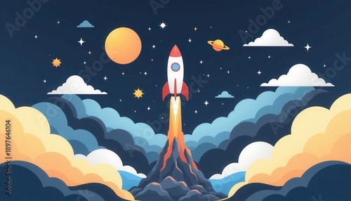 Colorful Rocket Launching into Space with Stars and Planets in a Scenic Night Sky