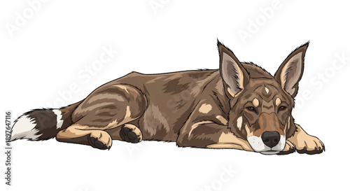 Brown wolf dog lying down resting peacefully.