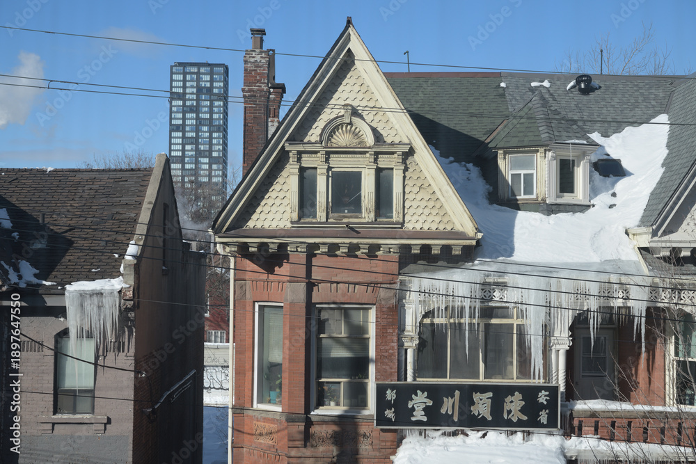 Fototapeta premium historic semi-detached house complex at 346-344 Dundas St W, built in 1896, in Queen Anne Style, Toronto